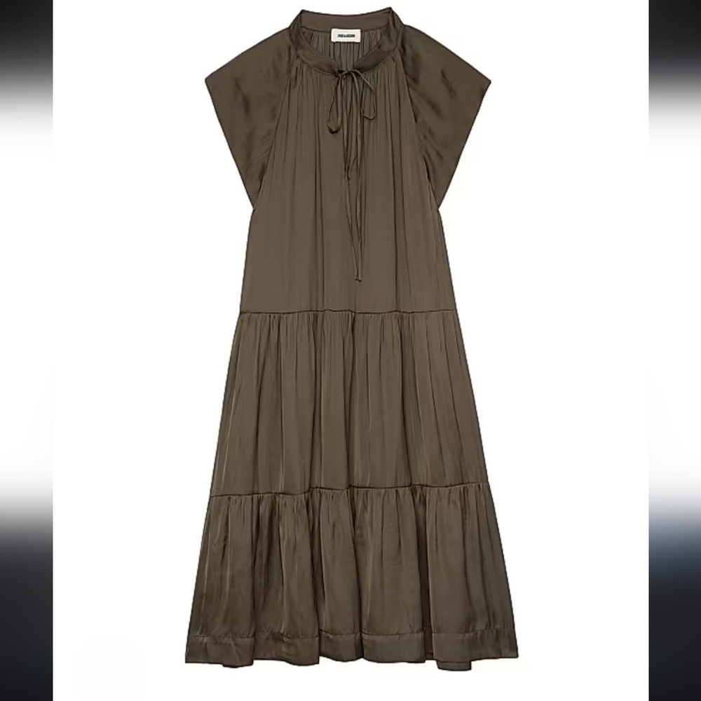 Zadug & Voltaire Rito Tiered Satin Olive Green Flutter Sleeve Dress - Picture 2 of 15